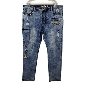 Born Fly Mens 40 (Actual 42) Distressed Embroidered Patchwork Jeans